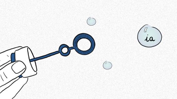 Visuel Bulle de l'IA montrant un jeu pour enfant générant des bulles avec écrit dans chacune d'elle 'IA" ou des dessins désignant le dialogue entre individus