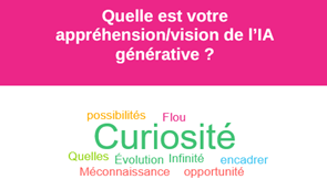 Nuage de mots après un sondage sur la question "quelle est votre appréhension/vision de l'IA générative ?", avec la réponse "curiosité" en premier plan