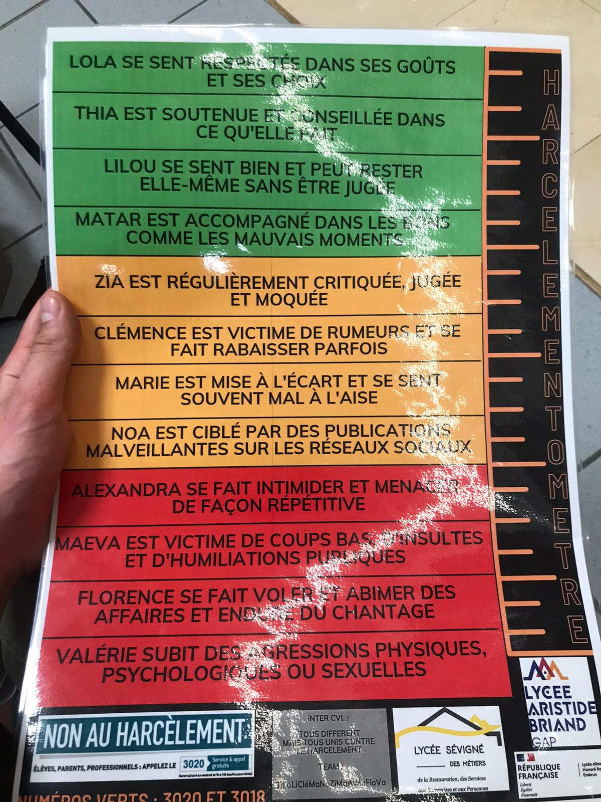 Photo d'un harcelèmentomètre, un outil de lutte contre le harcèlement scolaire, sur lequel on distingue 3 codes couleurs : le vert, qui indique des situations saines (respect mutuel), le orange, qui désigne des comportements inacceptables et donc des situations de harcèlement et le besoin de ne pas rester seul, et le rouge, qui désigne enfin des situations nécessitant l'intervention d'un tiers 