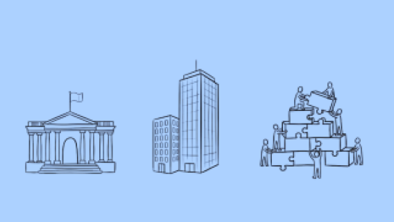 Illustration représentant un bâtiment public, une entreprise et un réseau d'individus symbolisant les communs numériques.
